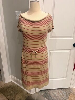 Tulle tan and pink striped cowl neck short sleeve dress Size medium GUC